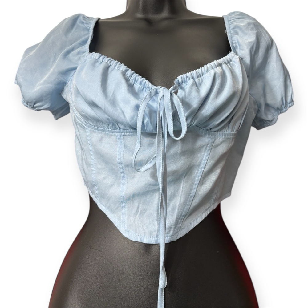 SHEIN Light Blue Ruched Puff Sleeve Blouse